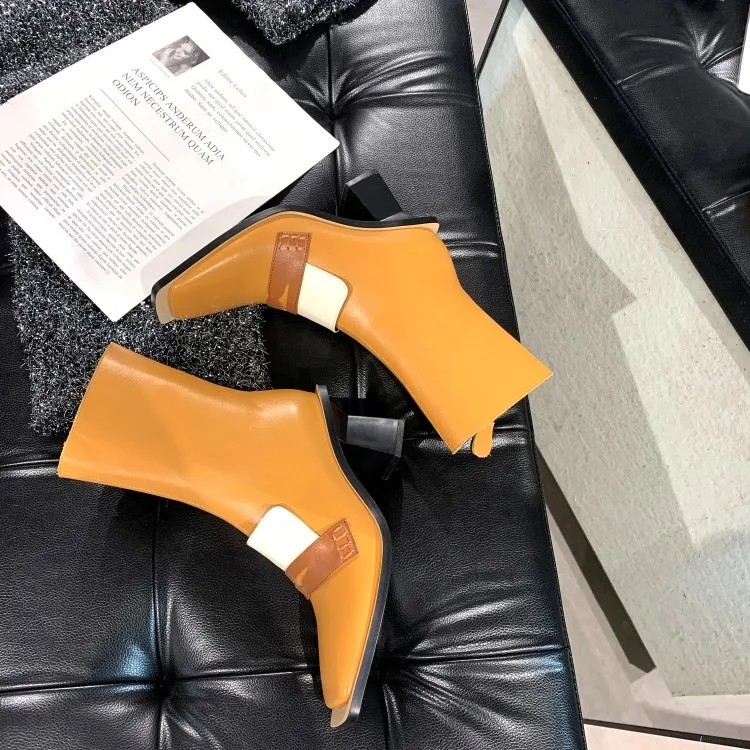 

MLJUESE 2021 women soft ankle boots cow leather zippers boots winter short plush square toe high heels women boots