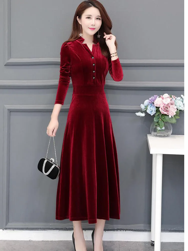 Высококачественное женское осенне зимнее платье винтажное однотонное бархатное