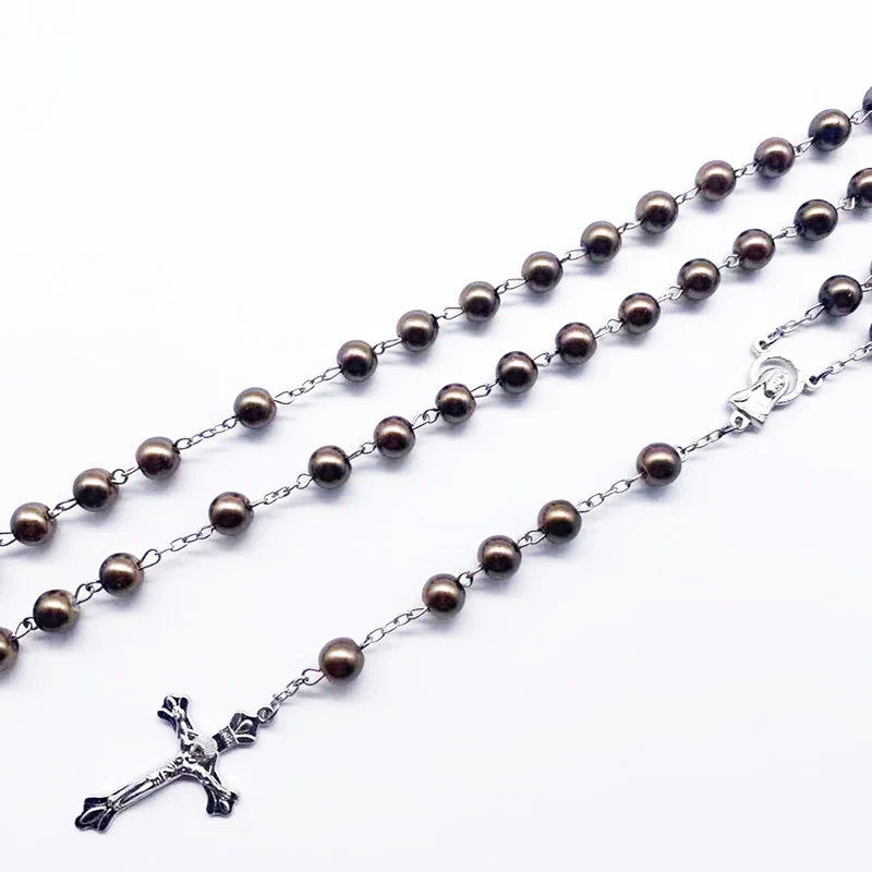 Модное кофейное ожерелье с жемчужным крестом 7 мм религиозное Девы