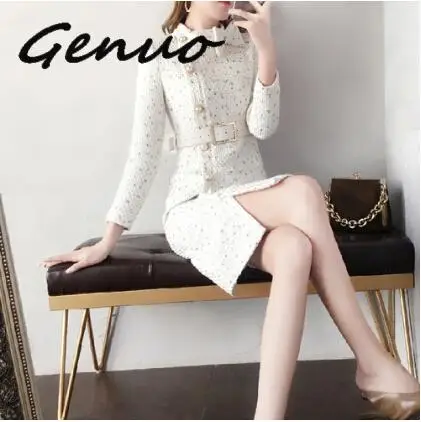 

2019 New Arrival Autumn And Winter Runway Women Elegant Tweed Dress Bow Collar Long Sleeve Female Fashion Chic Dresses Vestidos