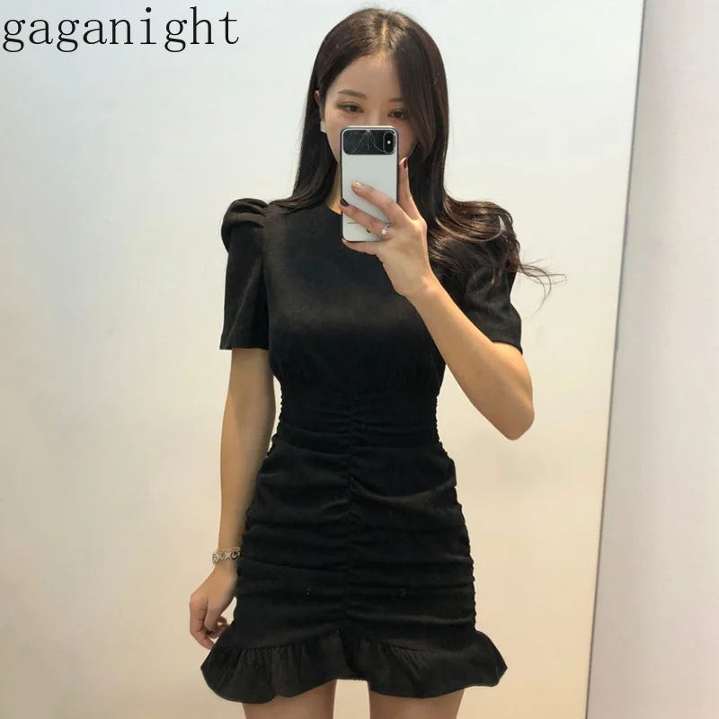 Gaganight Corduroy Solid Fashion Women Mini Short Dress Ruched Slim Bodycon Ruffles Dresses Female Chic Party Vestidos 2021 New | Женская