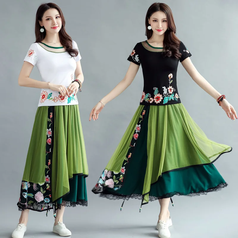 

Summer Top 2 Piece Set Top And Skirt Women O-Neck Skirt Loose And Comfortable Grenadine Folk-Custom Fitness Clothing Embroidery