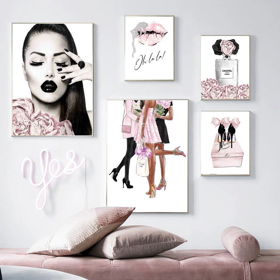 

Vogue Girl Peony Flower Perfume Red Lips Wall Art Canvas Painting Nordic Posters And Prints Wall Pictures For Living Room Decor