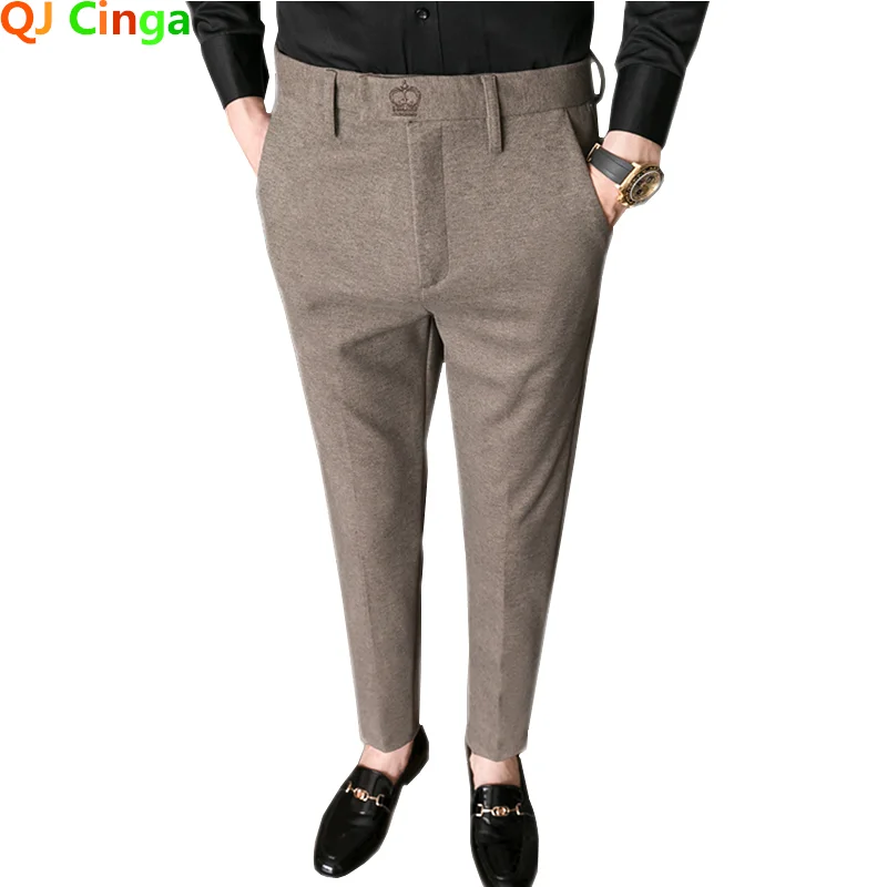 

Brown Woolen Thick Trousers Men's Fashion Slim Men Winter Pants Black Grey Slacks QJ CINGA Brand Pantalones Hombre 28-33 34 36