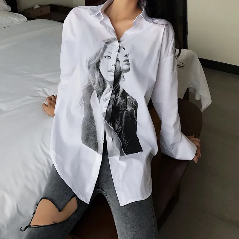 white print shirt Korobov Новая мода харадзюку рубашки с принтом персонажей весенние Свободные повседневные женские блузки с принтом белые женские блузки 76613 - Цвет: white print shirt
