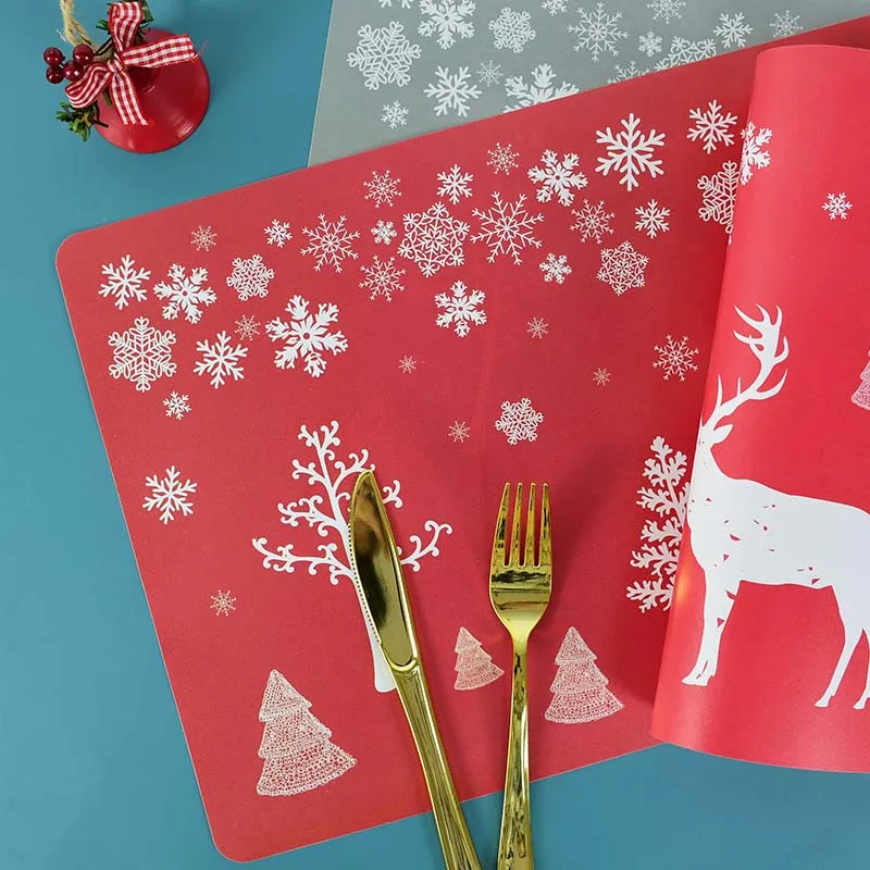 

12Pcs/Set Christmas Tree Elk Snowflake Printed Placemat And Coaster Christmas Ornament For Home New Year Party Dinner Decoration