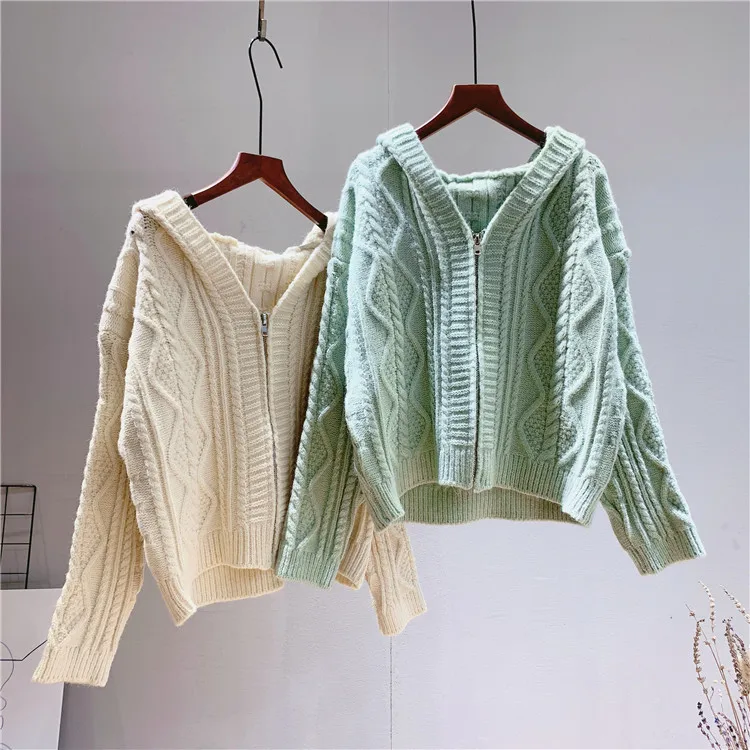 

Core-spun yarn literary academy style geometric hooded solid color sweater jacket female autumn new zipper knitted cardigan tide