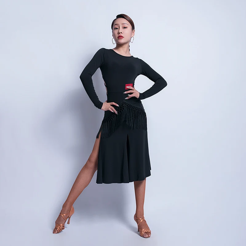 Женское платье для латиноамериканских танцев черное с открытой спиной танго