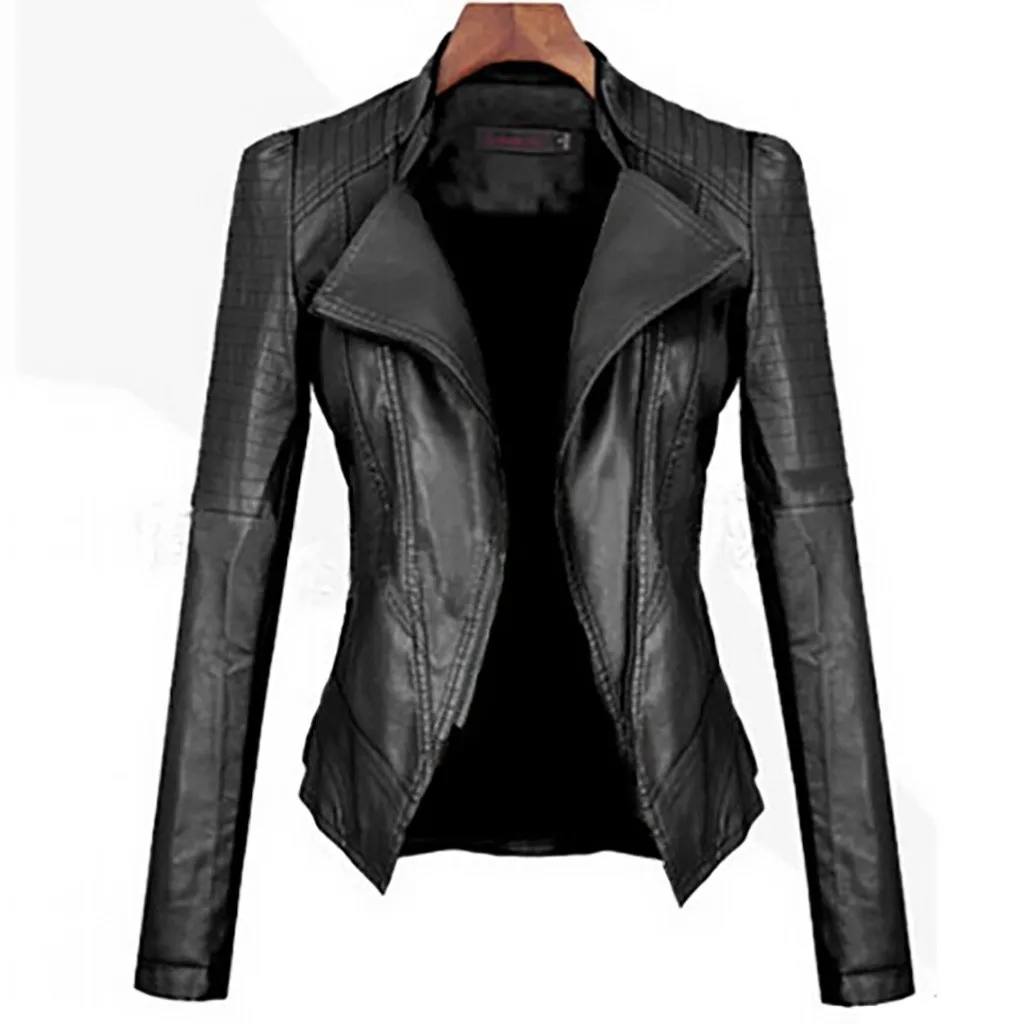 Кожаная женская куртка тонкая короткая сексуальная с отворотом черная длинным