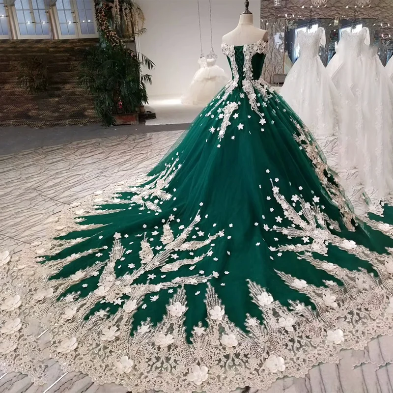 LS74120 вечернее платье изумрудное v шея с плеча короткие рукава длинные цветы