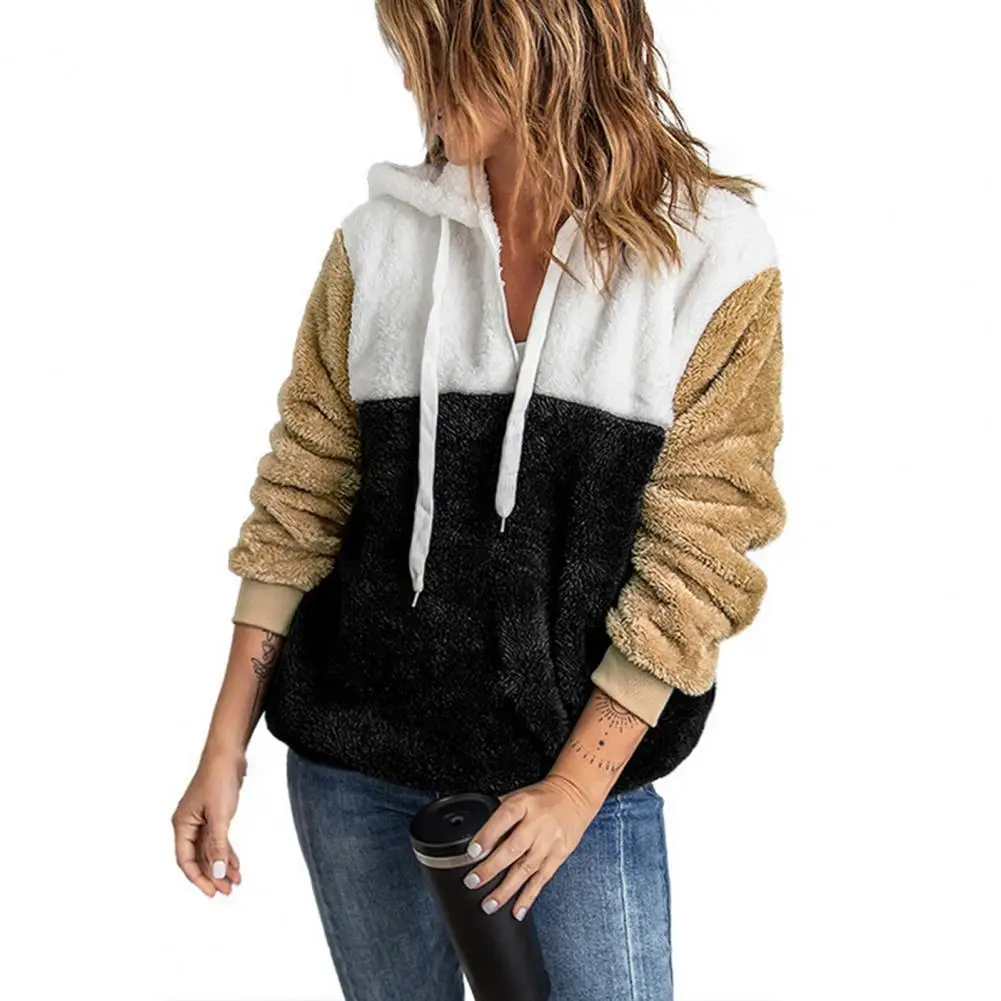 

Casual Women Sweatshirt Contrast Color Drawstring Autumn Winter Clothes Women Ribbed Cuff Warm Hoodie for Daily Wear Black xxl
