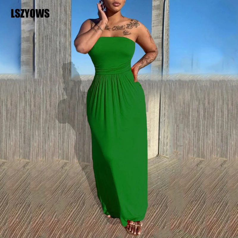 

Women Beach Summer Dresses 2021 Off Shoulder Strapless Solid Casual Maxi Dress Robe Sexy Ruched Long Party Dress Female Vestidos