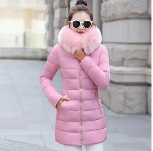 Pink Зимние теплые парки новые модные толстые куртки с хлопковой подкладкой женские повседневные длинные пальто с меховым капюшоном плюс размер верхняя одежда - Цвет: Pink