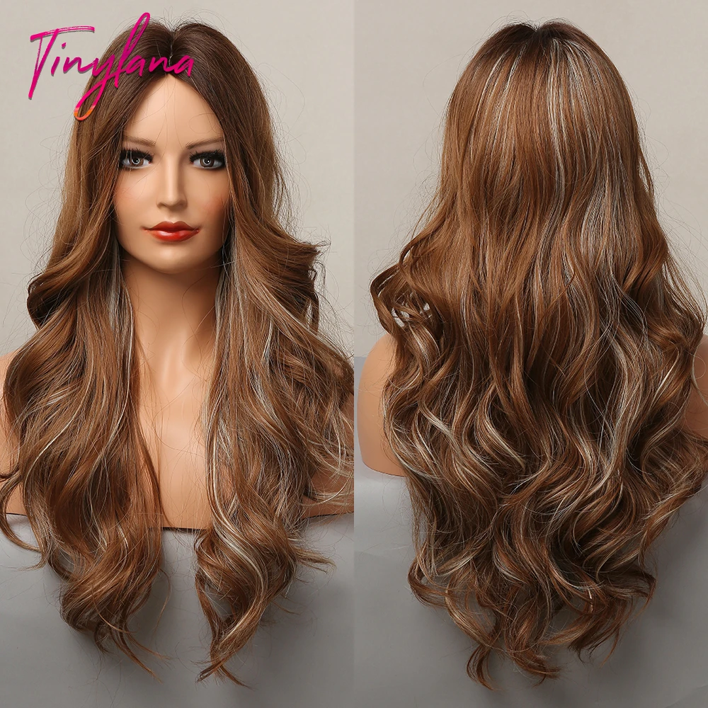 

TINY LANA Ombre Dark Brown Blonde Highlight Long Wavy Wig Middle Part Synthetic Wigs For Afro Women Cosplay Daily Heat Resistant