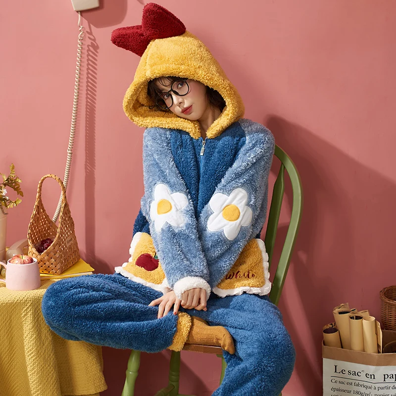 

Pajamas for Women Winter Plus Velvet Sleepwear Thickened Coral Fleece Long Nightgown Hooded Nightdress Female Home Rob Tops New