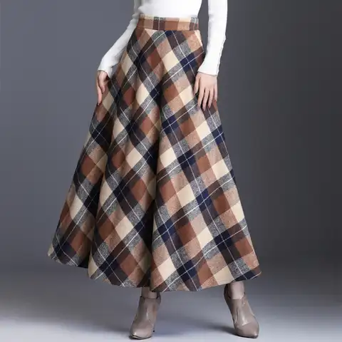 Woman Plaid Skirt Thick Warm Elegant Tall Waist Long Skirts For Women Fashion 2023 Spring Winter Casual Woolen Long Plaid Skirt