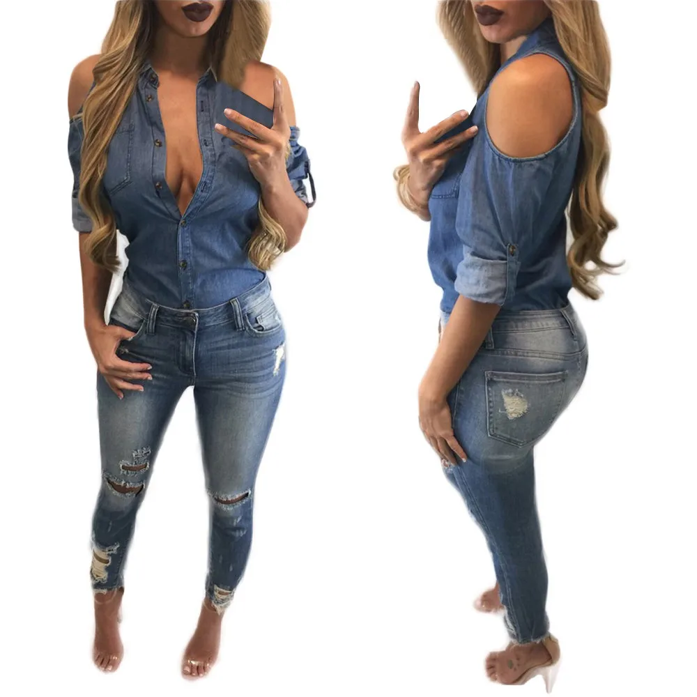 denim shirt Women Off Shoulder Blue Jeans Cotton Denim Long Sleeve Shirt Tops Blouse d90813 | Женская одежда