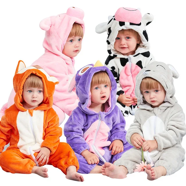 Baby Cartoon Romper Newborn Hooded Infant Clothing Boys Girls Pajamas Animal Onesie Jumpsuit Panda Costumes Flannel Baby Rompers