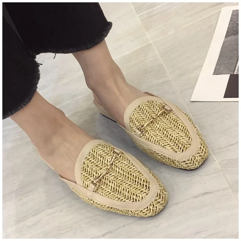 New Fashion Women Mules Slipper Low Heel Slip On Slide Sandals Cane Woven Beach Summer Slippers Flat Sandals