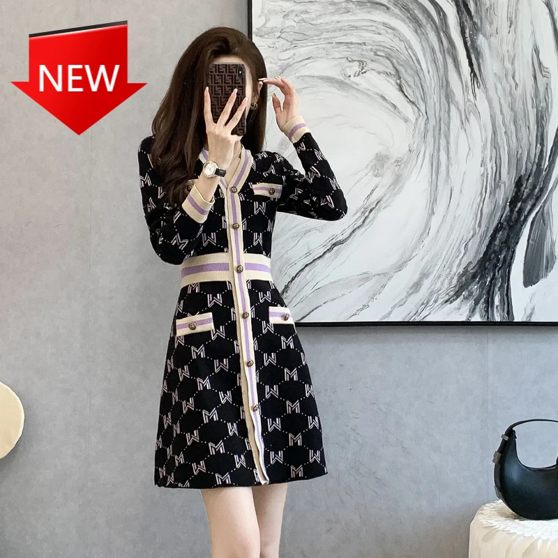 

Женское трикотажное платье-свитер, винтажное платье макси во французском стиле с длинным рукавом и V-образным вырезом, осень 2021