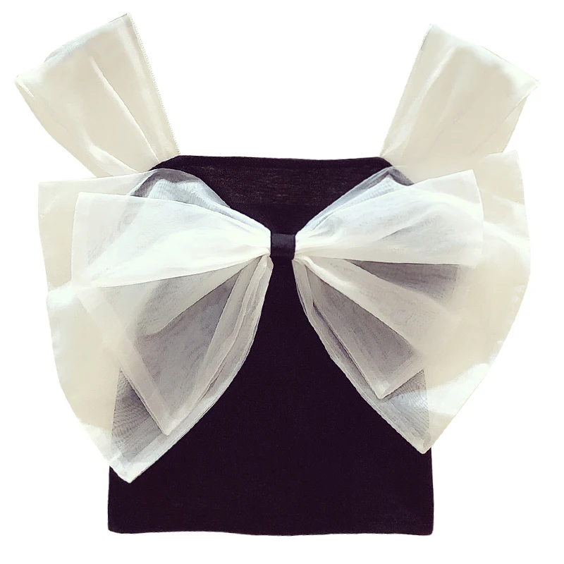 

Sexy Tank Women 2021 Summer NewMesh Big Bow Contrast Color Top Slim Fit Sleeveless Vest Shirt Black Nancylim