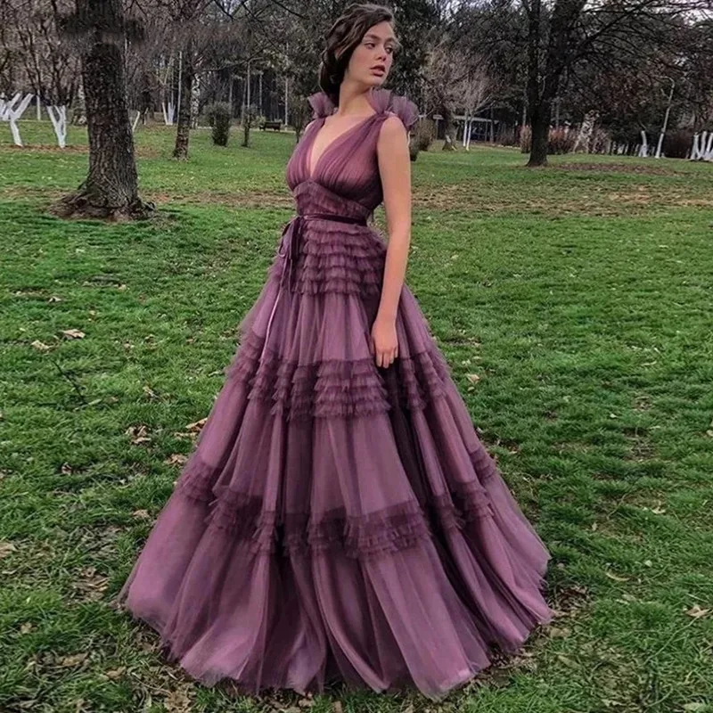 

Женское ТРАПЕЦИЕВИДНОЕ вечернее платье, элегантное плиссированное платье до пола из тюля с V-образным вырезом и открытой спиной, платье для ...