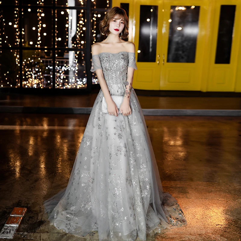 Женское вечернее платье со шлейфом SSYFashion элегантное серебристо серое с вырезом