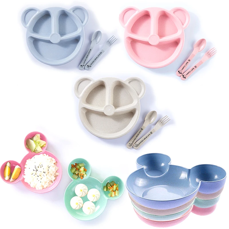 Детская миска + ложка вилка набор посуды для кормления мультяшный медведь
