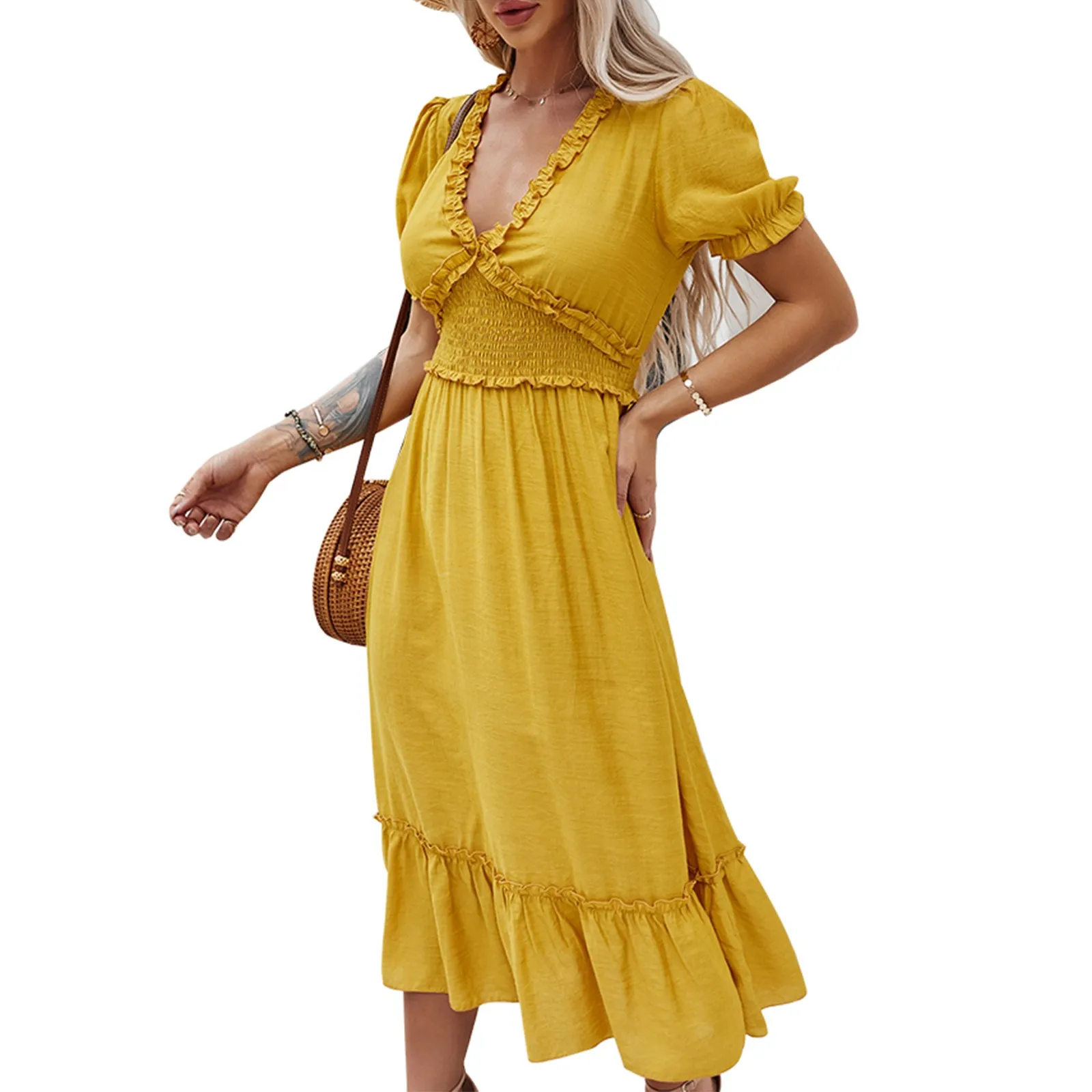 

Ladies' Fashionable Solid Color V-neck Short-sleeved Long High-waist Dress
