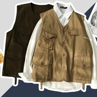 cotton vest mens fashion solid color retro casual v neck vest jacket men streetwear wild loose gilet coat mens large size m 5xl