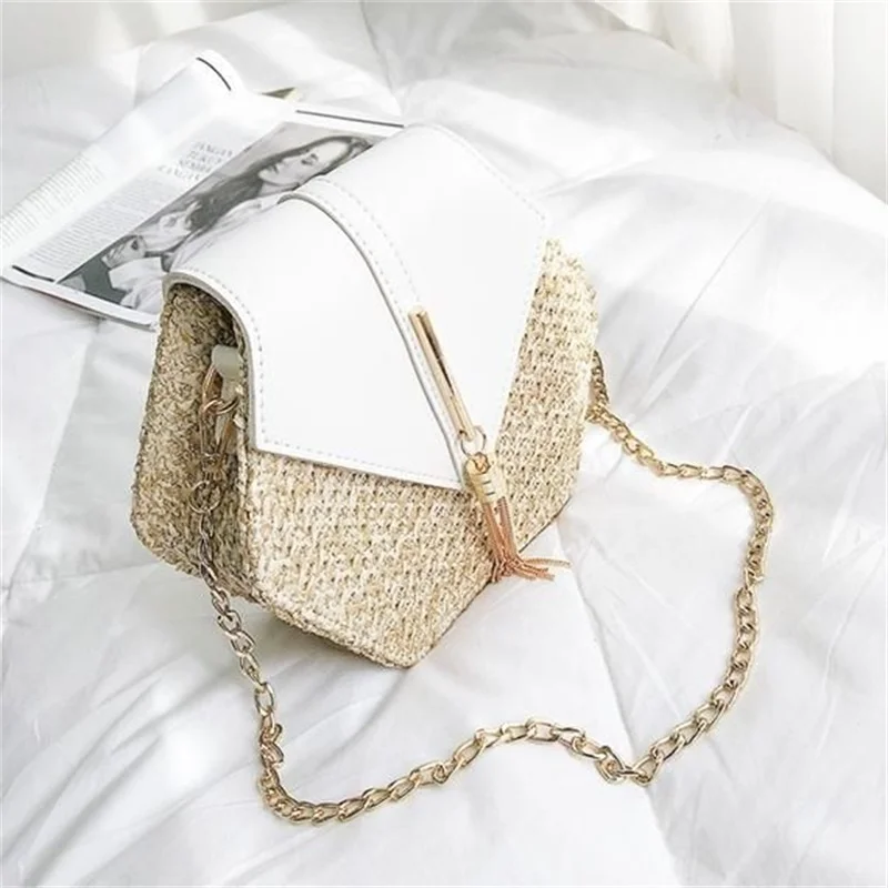 

Tassel Knitting Shoulder Bag Hexagon Straw Woven Crossbody Bags for Women 2021 Bohemian Style Handmade Rattan Travel Handbag