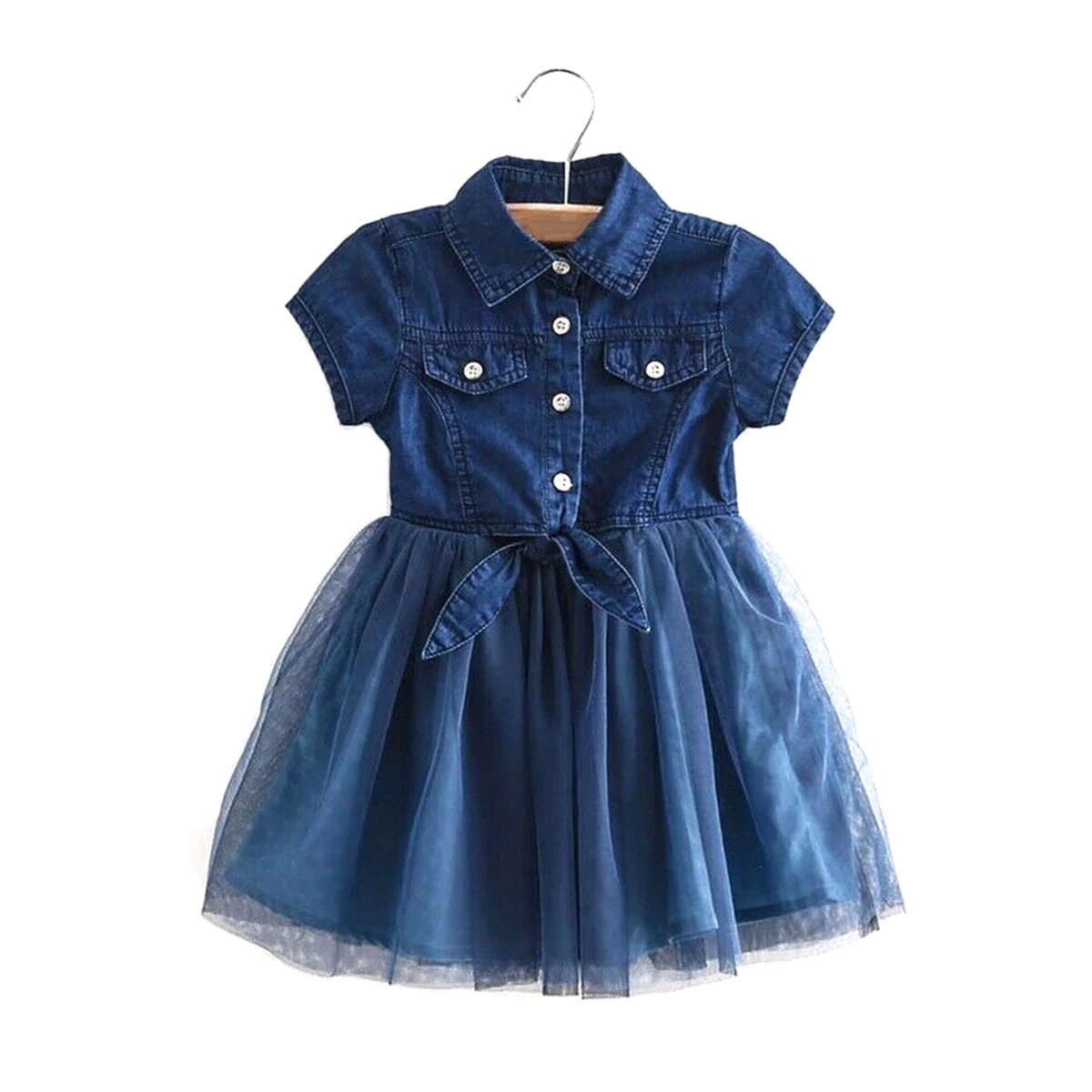 Летнее платье на пуговицах для девочек джинсовое с коротким рукавом и юбкой из