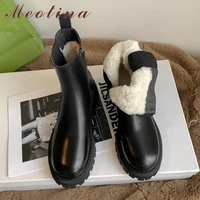 meotina natural wool fur real leather platform high heel short boots women round toe shoes chunky heels zipper ankle boots black