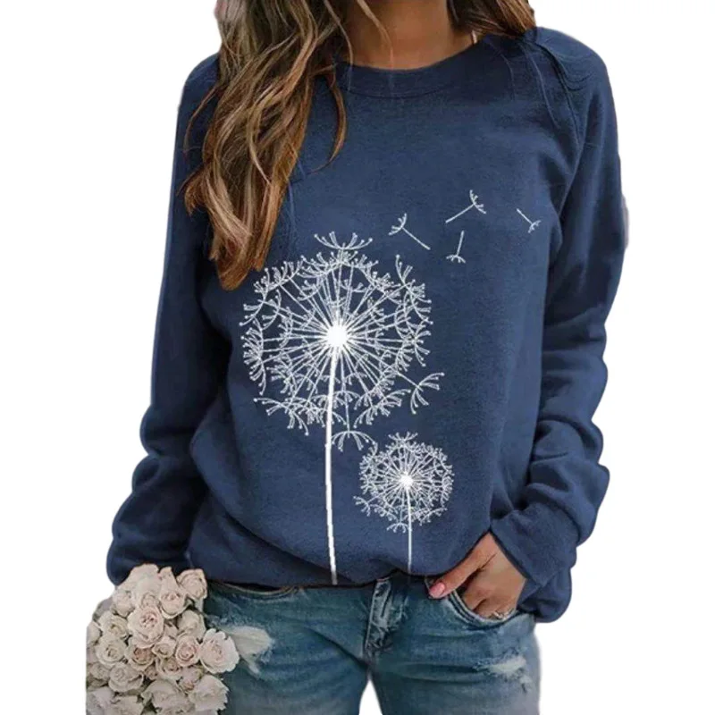 Dandelion Print Women Sweetshirts Long Sleeve T Shirts Top Spring O-neck Casual Female Loose Hoodies Pullover Vintage Streetwear