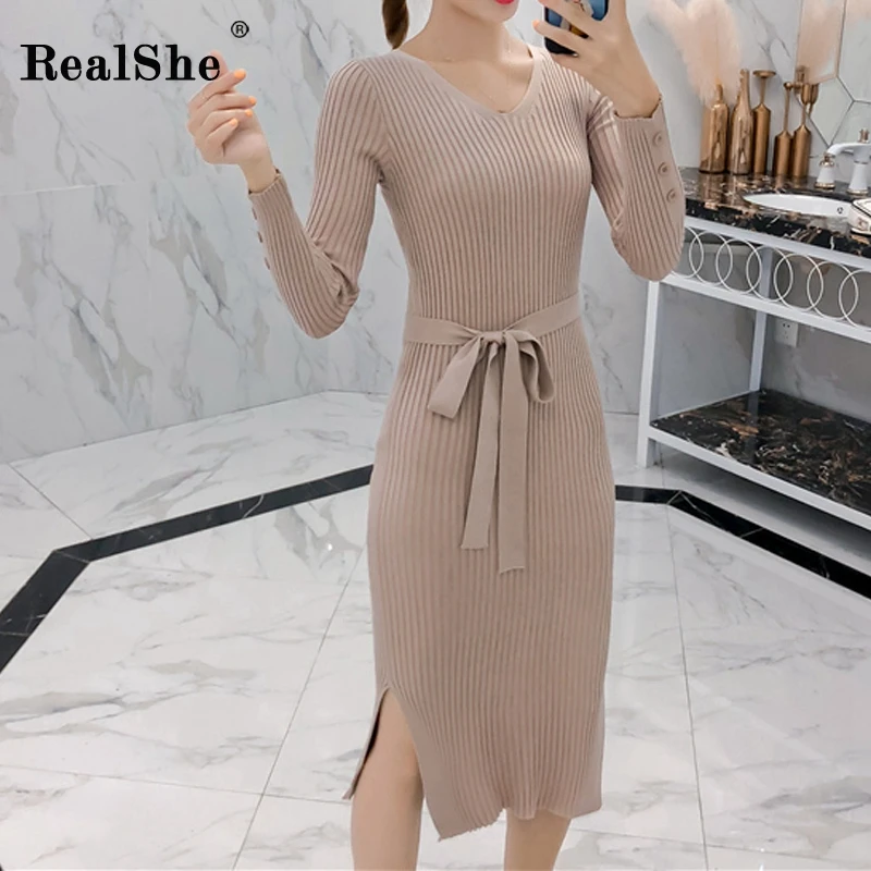 RealShe Осенний женский свитер 2019 круглый вырез длинный рукав пуговицы шнуровка