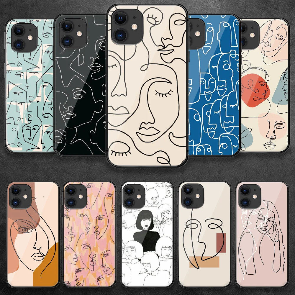 

Line Face Art Painting Tempered Glass Phone Case Cover For IPhone 5 5S 6 6S 7 Plus X Xs Xr Se 2020 11 12 Pro Max Mini Luxury