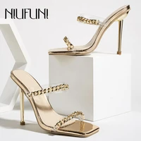niufuni 2022 summer transparent pvc chain square toes gold stiletto women sandals slippers slip on slides gladiator shoes hollow