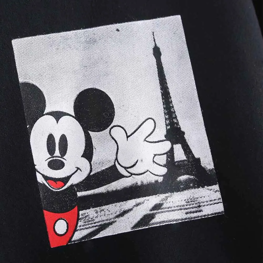 Disney стильный Микки Маус мультфильм Эйфелева башня печати o-образным вырезом пуловер черная футболка модные женские с длинным рукавом Harajuku топы