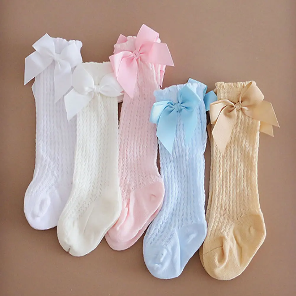 

Babies Lovely Sock Infant Baby Girls Knee High Socks Toddler Kids Tights Leg Warmer Ribbon Bow Solid Cotton Stretch Kids Socks