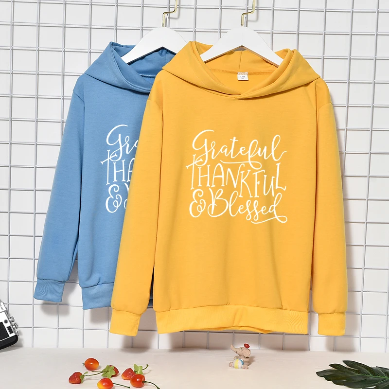 

Grateful Thankful Blessed Letter Print Hooded Children's Sweatshirt Boys And Girls Autumn New Casual Without Drawstring Hoodies