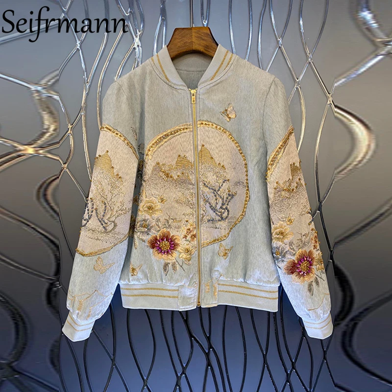 

Seifrmann New 2021 Autumn Women Fashion Runway Jacket Lantern Sleeve Gorgeous Beading Embroidery Vintage Printed Coats Overcoat