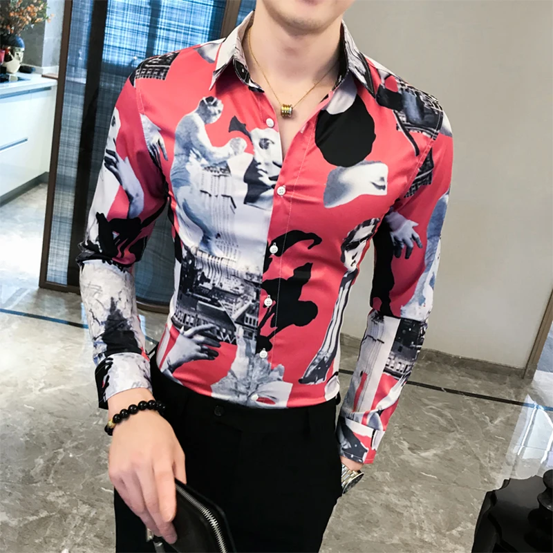 2020 Latest Luxury fashion brands Newspaper printing Streetwear Casual Men Shirts Slim Fit Long Sleeve Party Mens shirts | Мужская