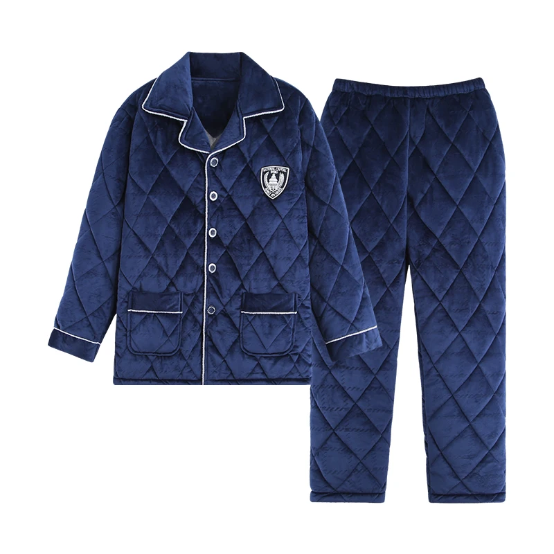 Winter Thick Flannel Men Pajamas Sets Warm Long Sleeve Trousers Male Homewear Pants L-3XL 3 Layer Cotton Sleepwear