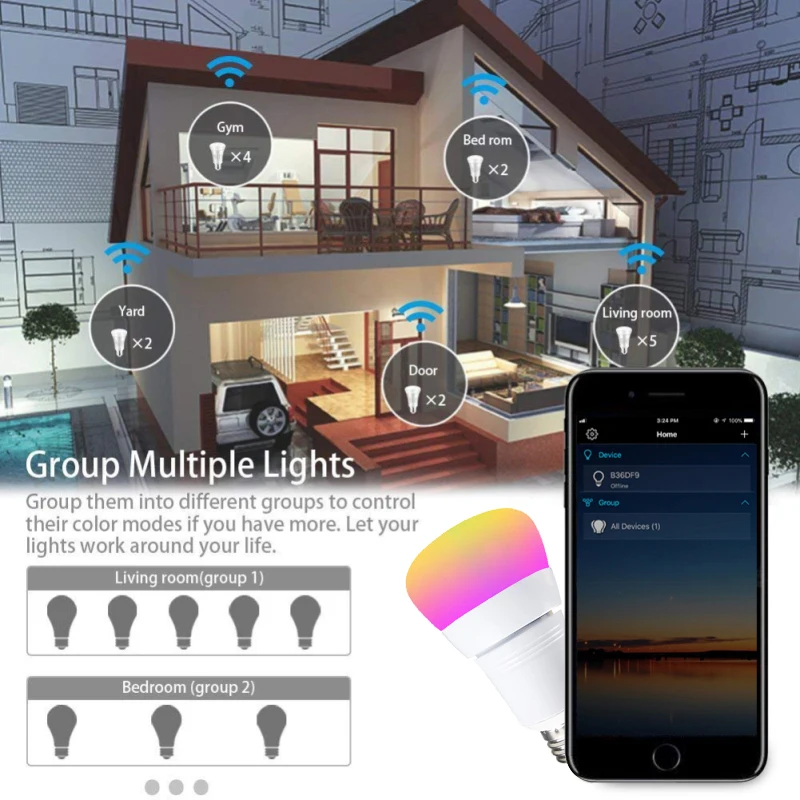 

15W RGB Magic Light Bulb Lamp Smart WiFi Light Bulb Wake-Up Lights Compatible With Alexa And Google Assistant Dropship