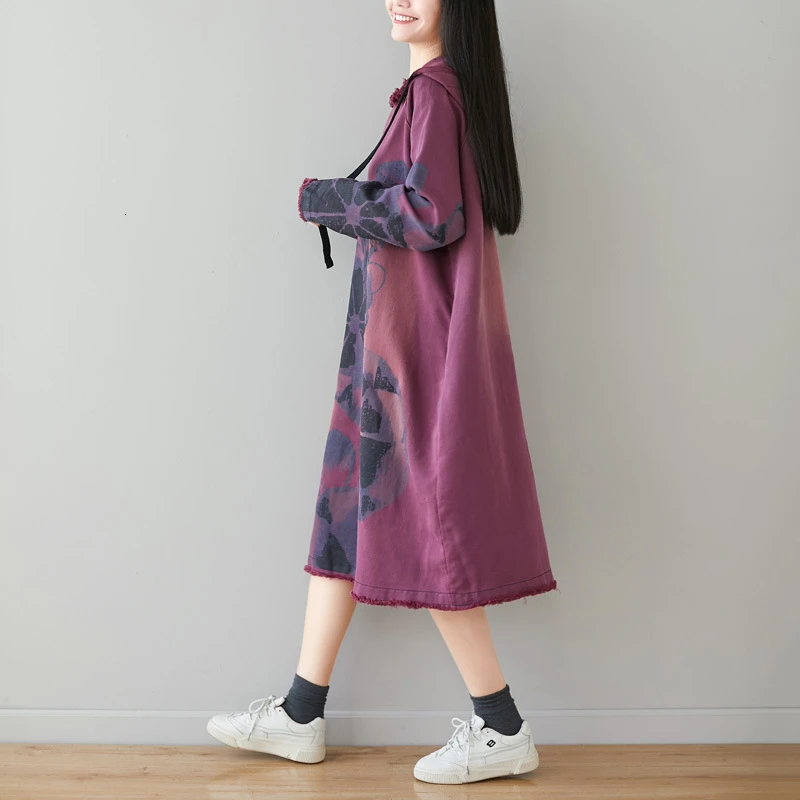 Baggy Hooded Pullovers Women Loose Cotton Oversized Drawstring Tops Japanese style Big Size Knitted cowboy print Sweatshirt | Женская