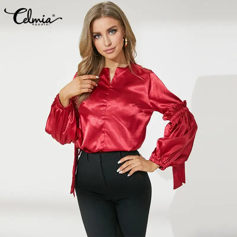 

Celmia Fashion Lantern Sleeve Satin Blouses Women 2021 Autumn Elegant Bandage Tops Office Lady V Neck Fold Blusas Femininas
