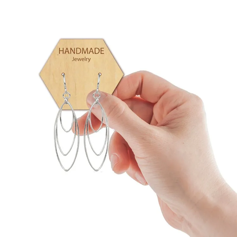 Personalized Wood Hexagon earring display card tags with logo text, engraved earring holder cards, jewelry display packaging tag
