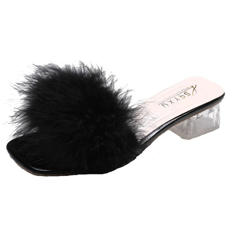 Тапочки из страусиного меха ярких цветов Женские меховые сандалии на толстом