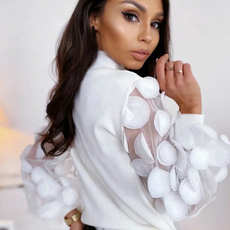 Офисные женские рубашки модные блузы водолазки новинка сетчатые топы с пышными