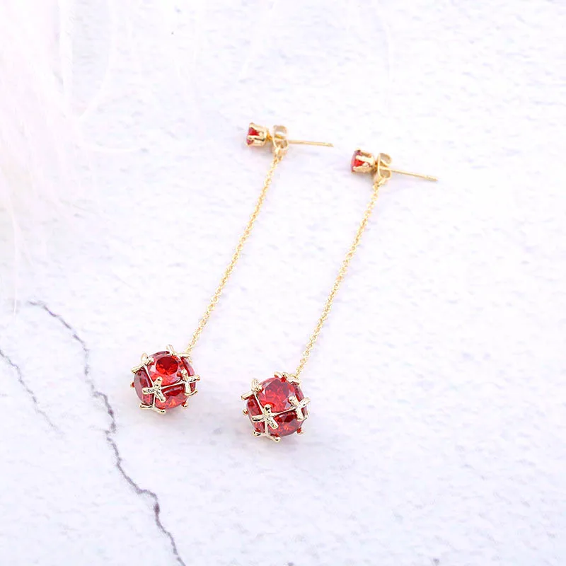Red MAIKALE роскошное Золотое и серебряное длинные серьги-цепочки кубические циркониевые бусины Красный Черный Кристальный шарик Висячие серьги для женщин ювелирные изделия подарок - Окраска металла: Red